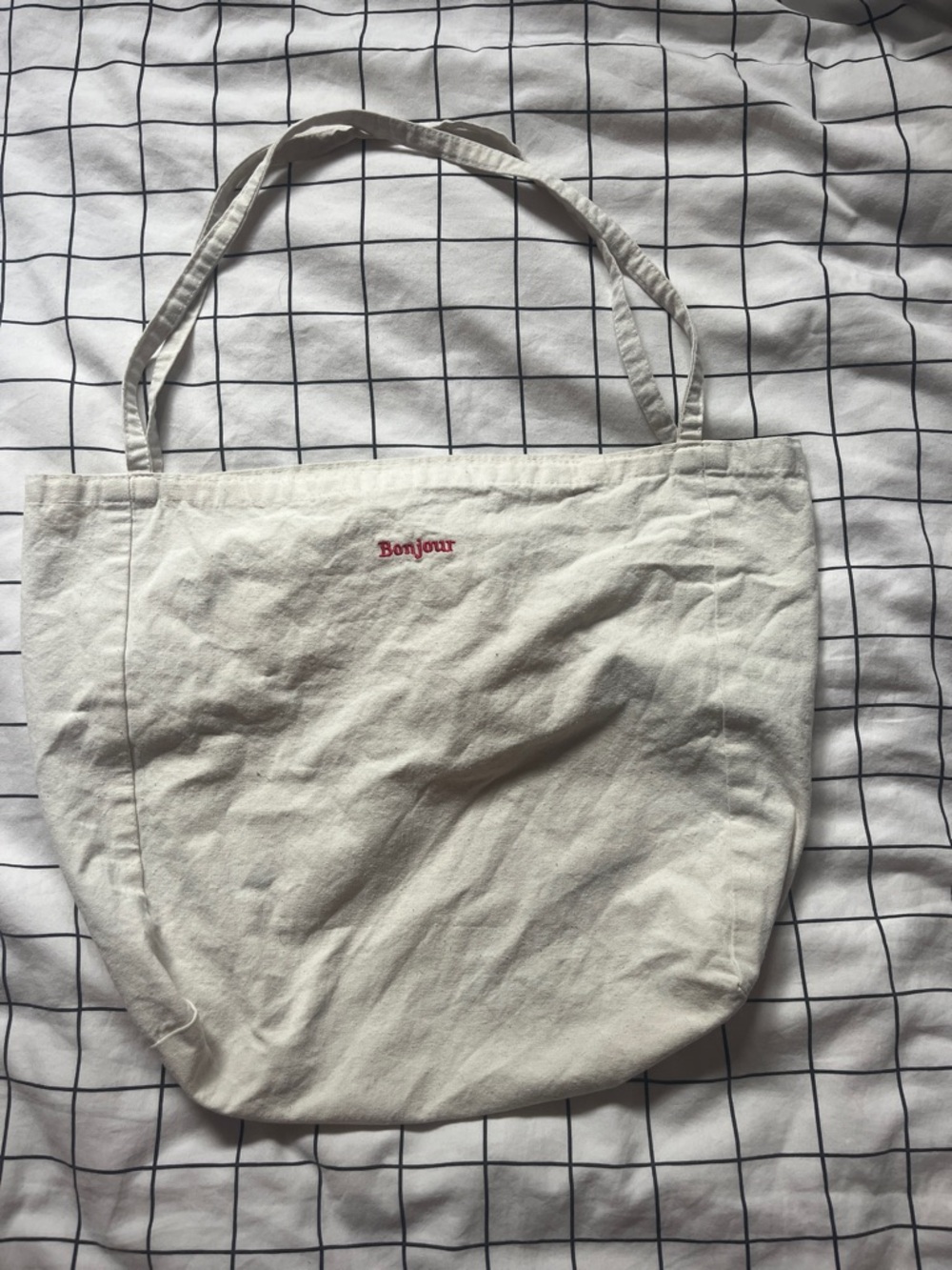 Canvas Tote Bag with Red "Bonjour" Embroidered